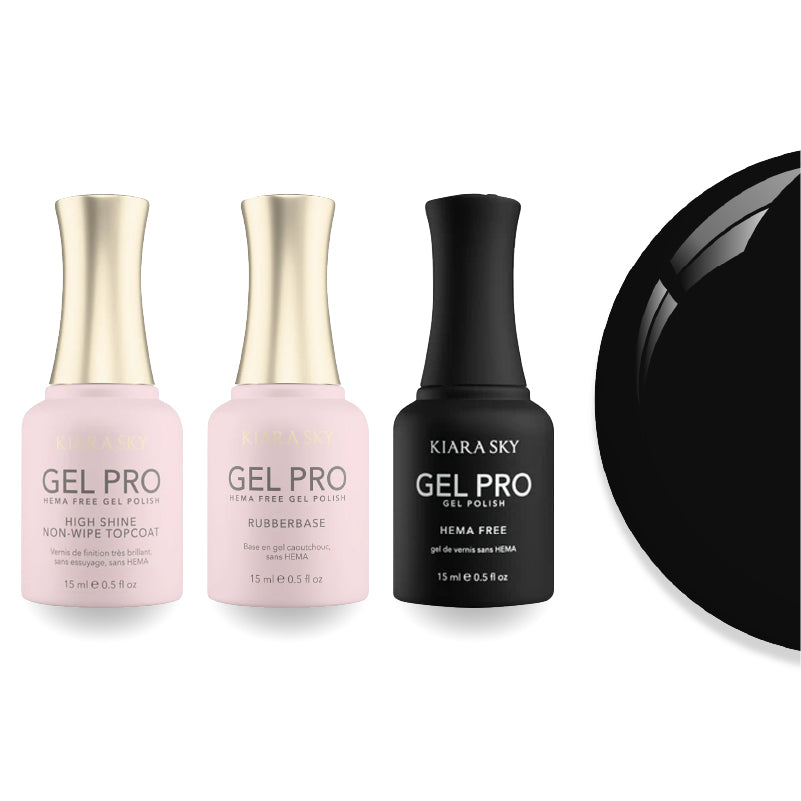 Kiara Sky Gel Pro Polish - HEMA-Free Rubber Base - High-Shine Non-Wipe Top Coat - 150 True Black