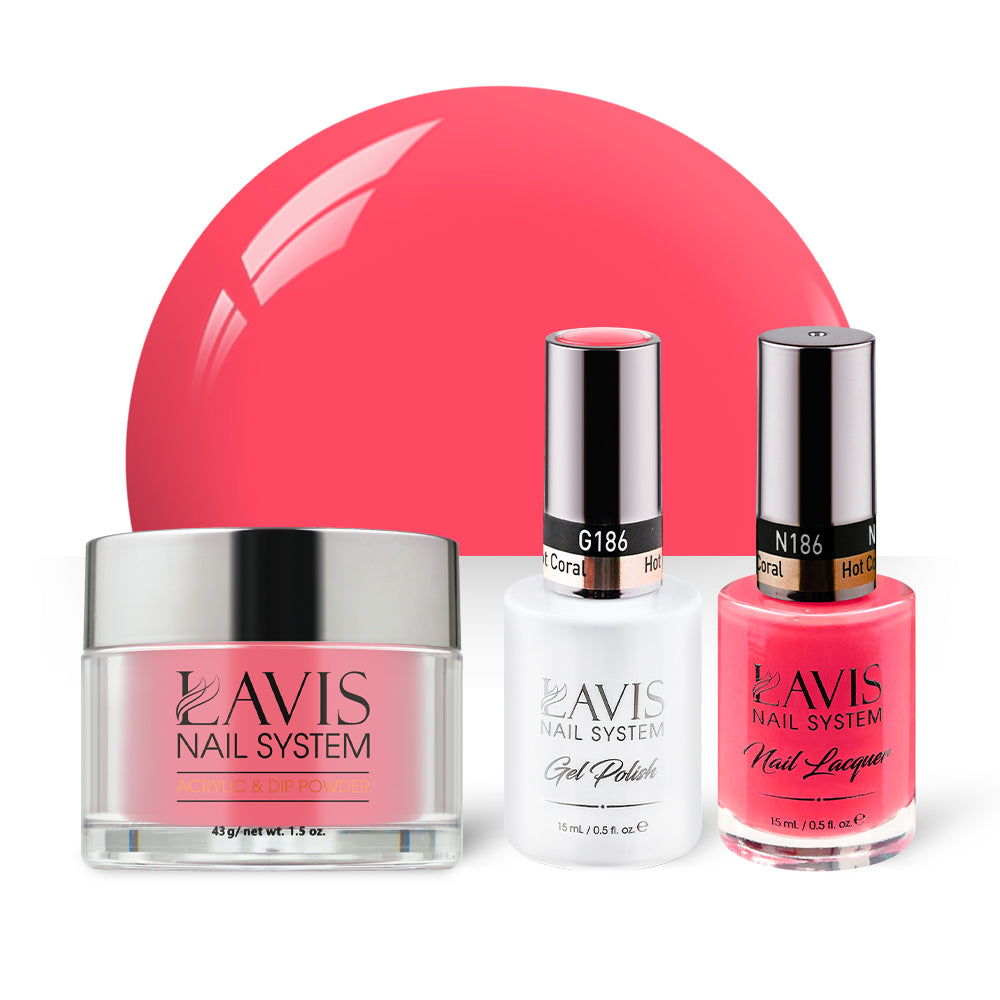 LAVIS 3 in 1 - 186 Hot Coral - Acrylic & Dip Powder, Gel & Lacquer by LAVIS NAILS sold by DTK Nail Supply