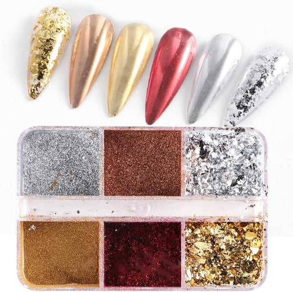 6 Grids of Mixed Nail Art - Chrome & Foil - 1909-38 - #1 - Metal