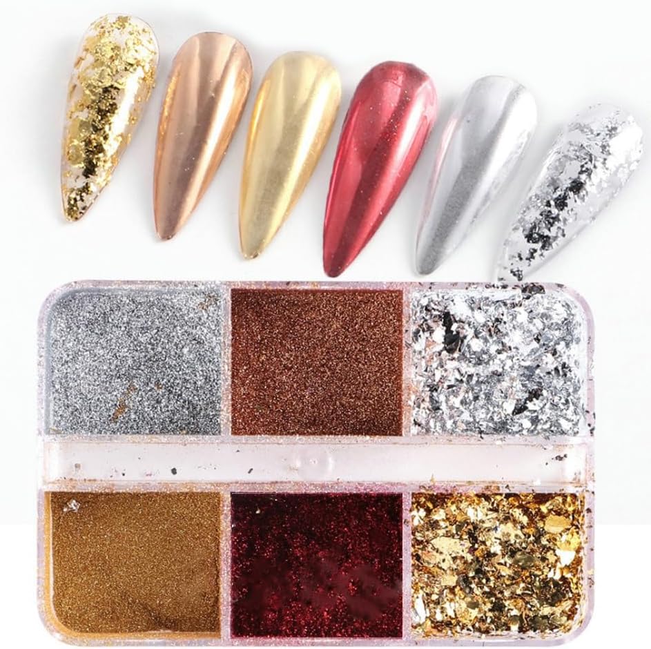 6 Grids of Mixed Nail Art - Chrome & Foil - 1909-38 - #1 - Metal