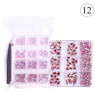 2 Pack 6 Grid Box Rose Pink Glass FlatBack Rhinestones For Nail Art 12