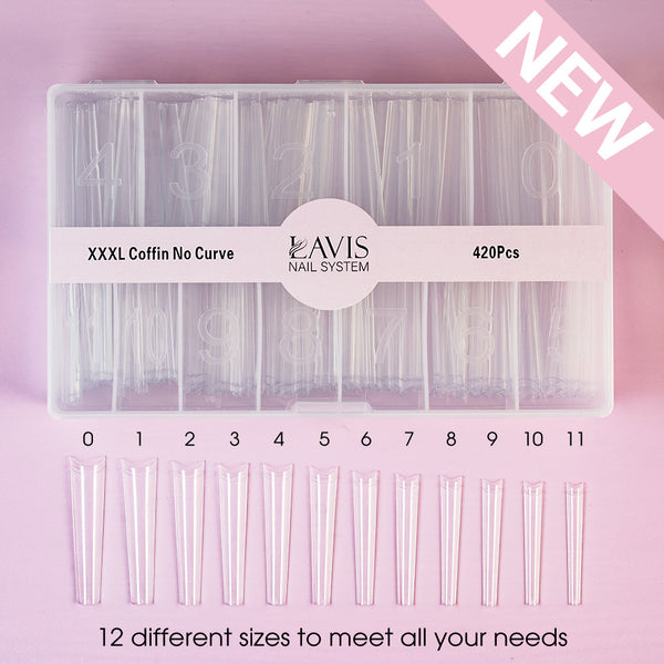 LAVIS - XXXL COFFIN NO CURVE - Clear - 420 Pcs by LAVIS NAILS TOOL sold by DTK Nail Supply