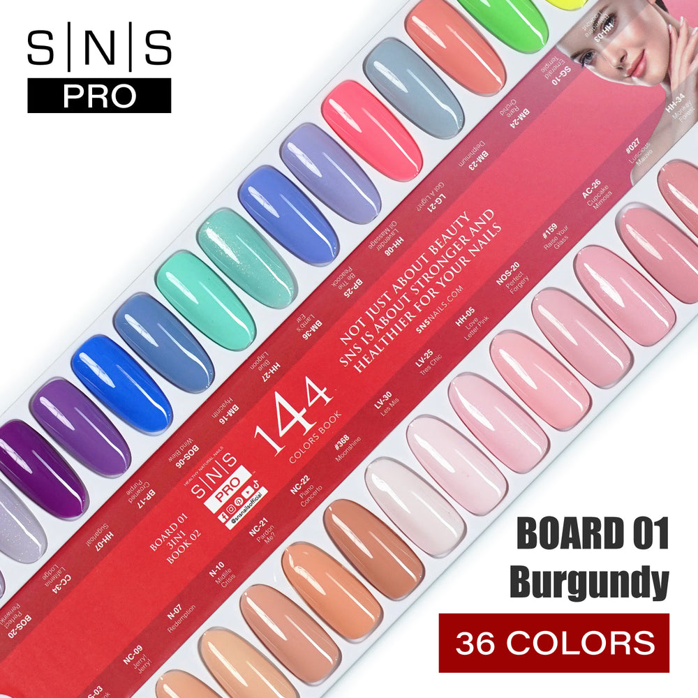 SNS Pro Dipping Powder - Set 36 Colors - Board 1 Burgundy (001 - 036)