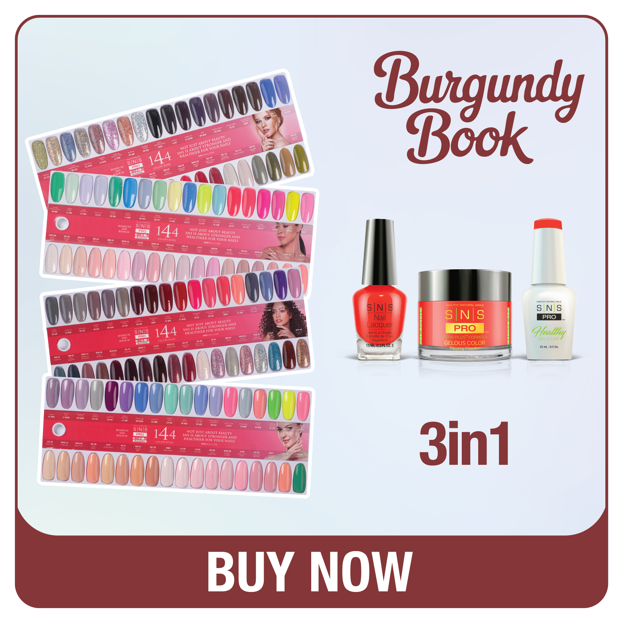 SNS Pro 3 in 1 - Set 144 Colors Burgundy Collection - Dip, Gel & Lacquer Matching