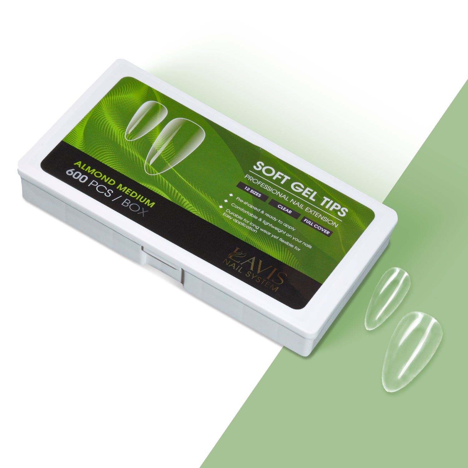 LAVIS Almond Medium - 12 Sizes Clear - Soft Gel Tips - DTK Nail Supply