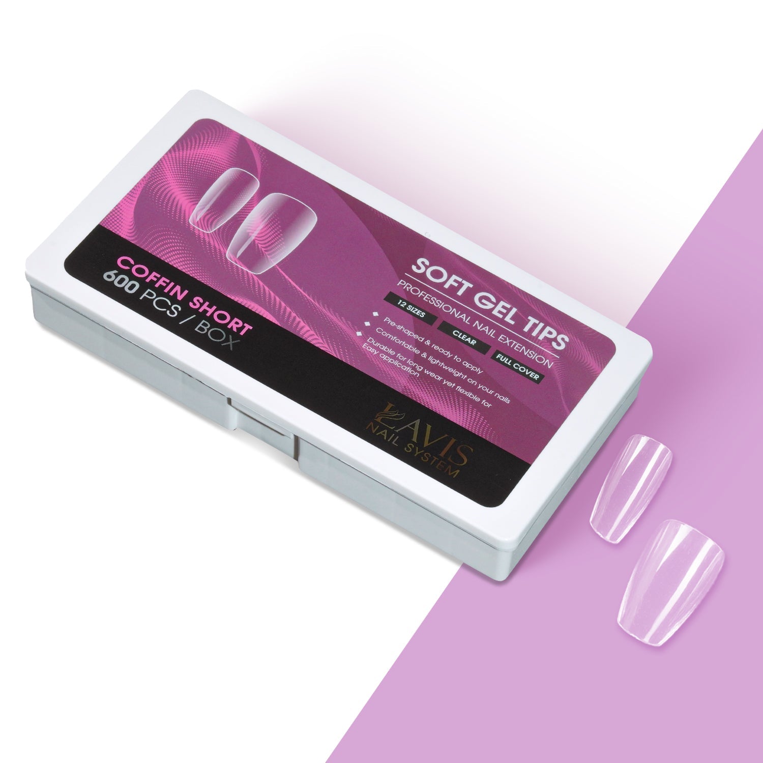 LAVIS Coffin Short - 12 Sizes Clear - Soft Gel Tips - DTK Nail Supply
