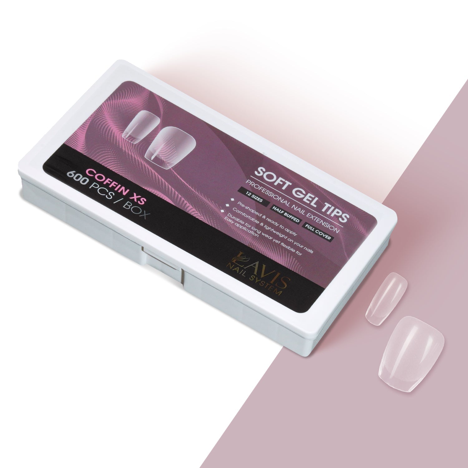 LAVIS Coffin XS - 12 Sizes Half Buffed - Soft Gel Tips - DTK Nail Supply
