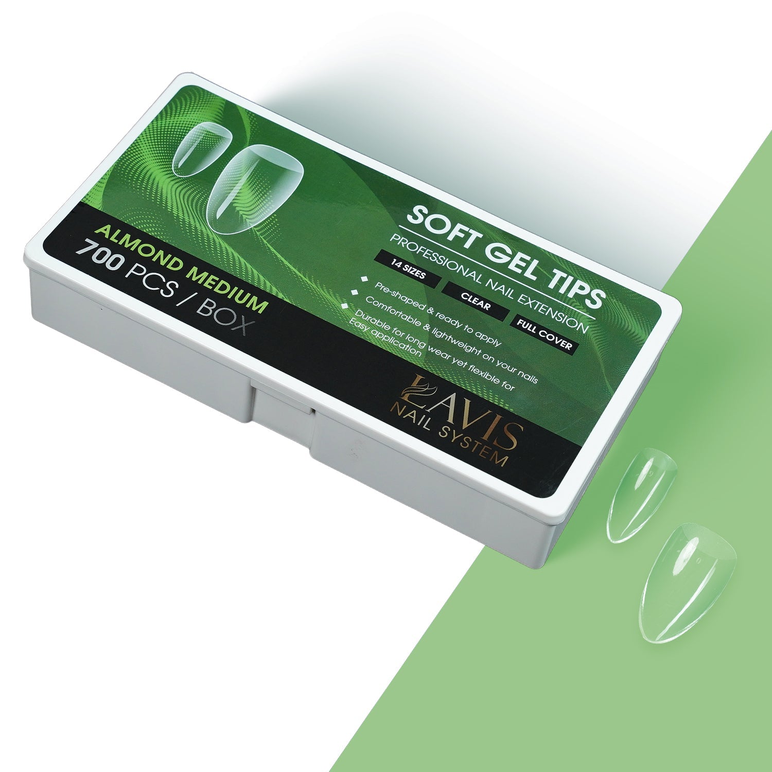 LAVIS Perfect Almond Medium - 14 Sizes Clear - Soft Gel Tips - DTK Nail Supply