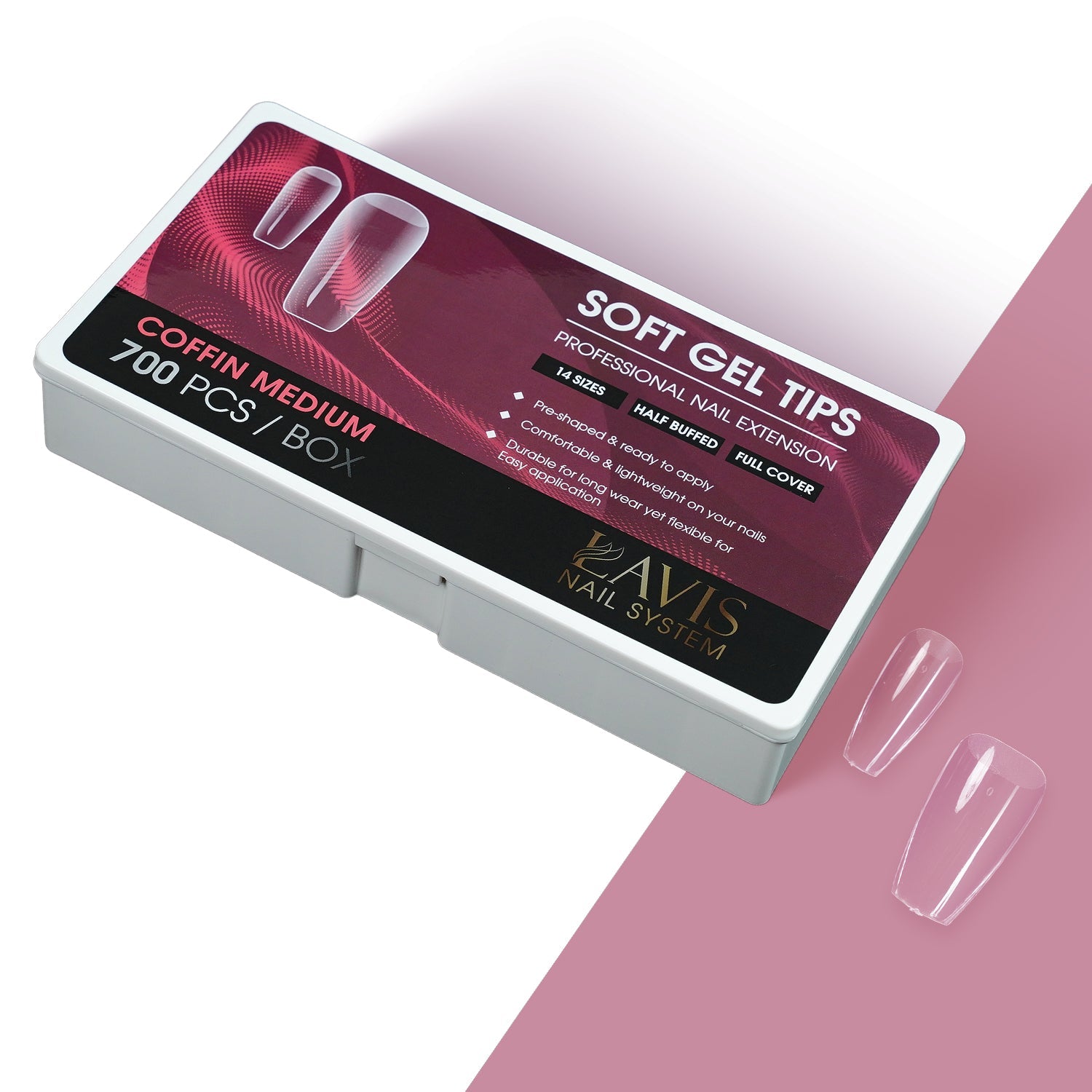 LAVIS Perfect Coffin Medium - 14 Half Buffed - Soft Gel Tips - DTK Nail Supply