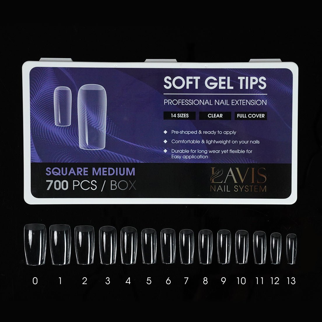 LAVIS Square Medium - 14 Sizes Clear - Soft Gel Tips - DTK Nail Supply