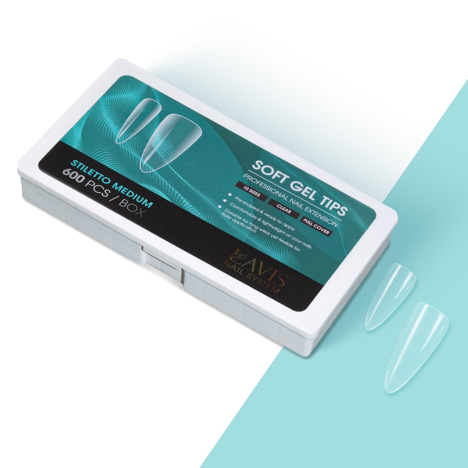 LAVIS Stiletto Medium - 10 Sizes Clear - Soft Gel Tips - DTK Nail Supply