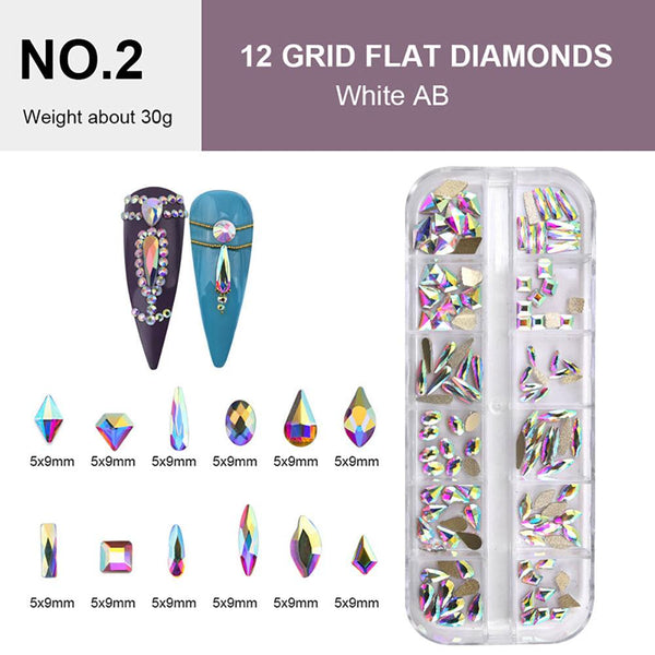 12 Grids Flat Diamonds Rhinestones #02 White AB