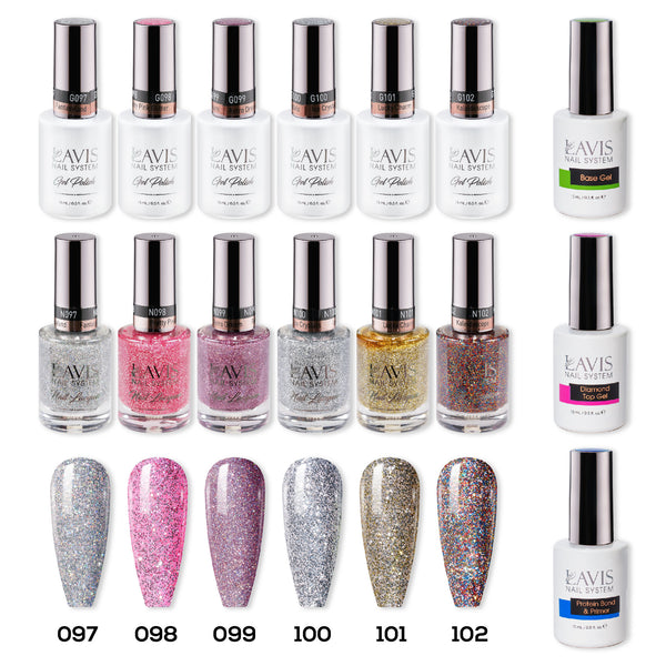 LAVIS Gel & Matching Lacquer Starter Kit FLASHY BEYOND DIVA: 097, 098, 099, 100, 101, 102, Base,Top & Bond Primer by LAVIS NAILS sold by DTK Nail Supply