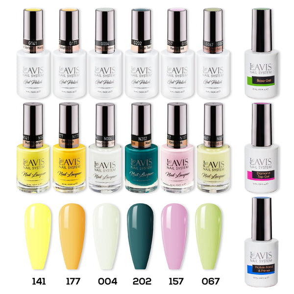LAVIS Gel & Matching Lacquer Starter Summer Set G8: 141, 177, 004, 202, 157, 067, Base,Top & Bond Primer by LAVIS NAILS sold by DTK Nail Supply