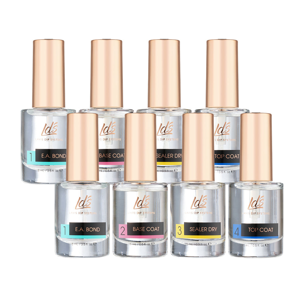 LDS Dipping Powder Essentials Kit 3 - 2 EA Bond, 2 Base Coat, 2 Sealer Dry, 2 Top Coat - 0.5 oz by LDS sold by DTK Nail Supply