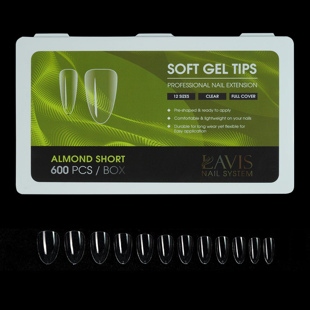 LAVIS Almond Short - 12 Sizes Clear - Soft Gel Tips - DTK Nail Supply