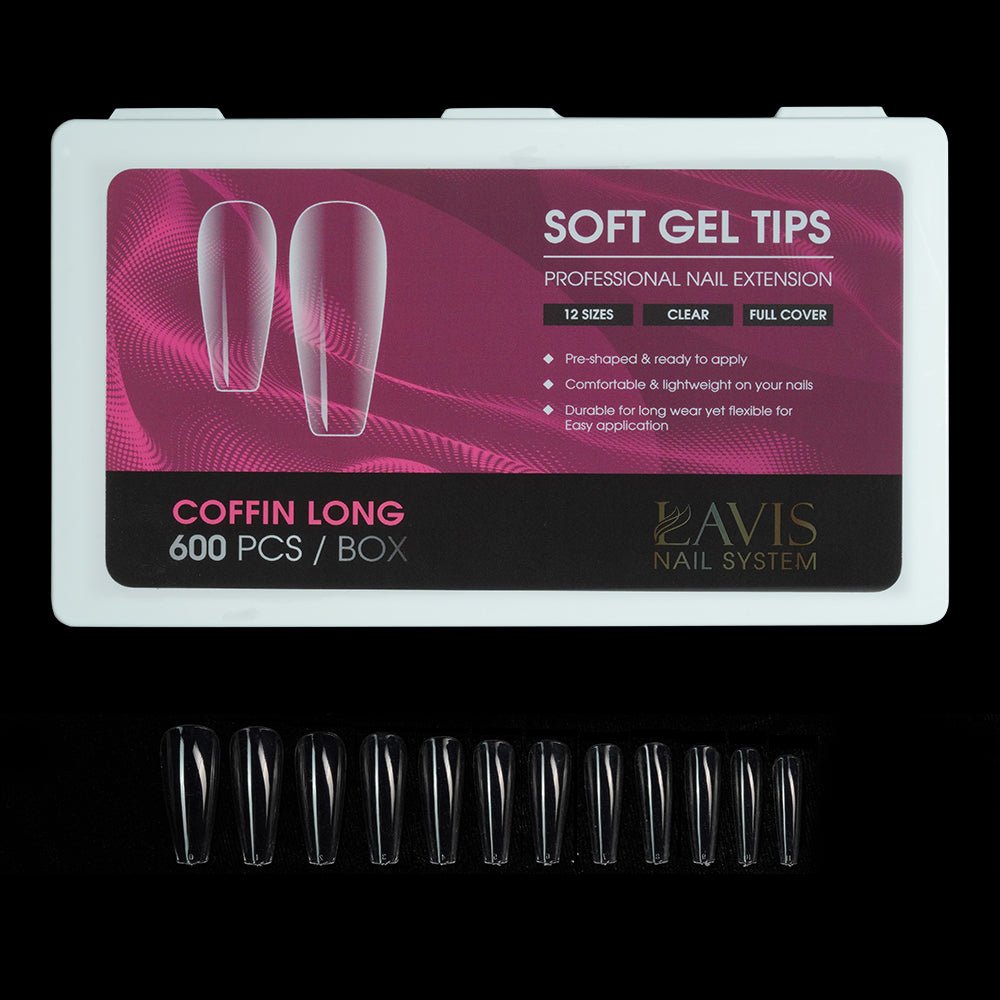 LAVIS Coffin Long - 12 Sizes Clear - Soft Gel Tips - DTK Nail Supply