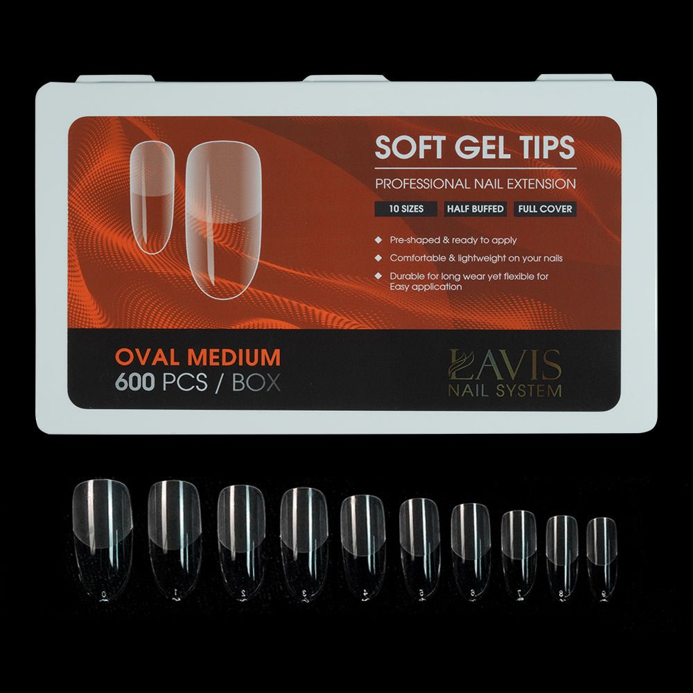 LAVIS Oval Medium - 10 Sizes Half Buffed - Soft Gel Tips - DTK Nail Supply