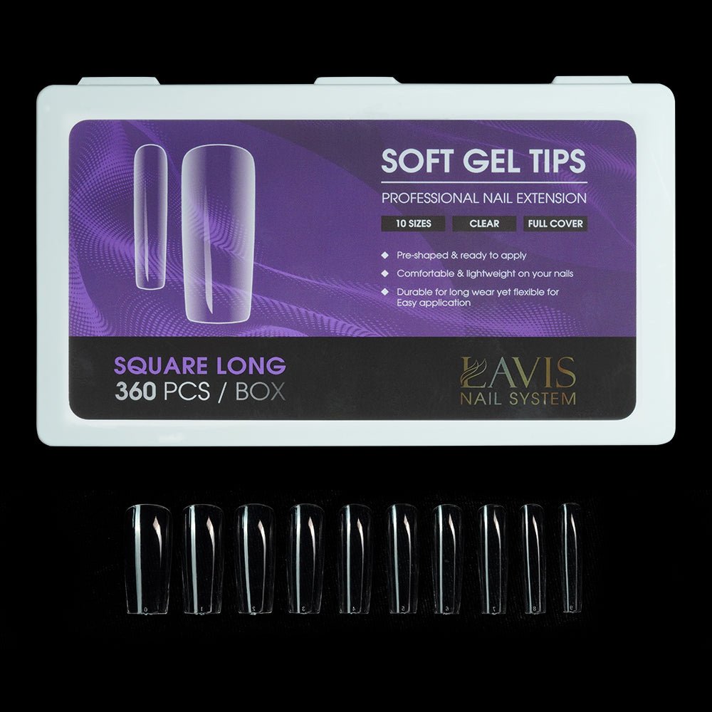 LAVIS Square Long - 10 Sizes Clear - Soft Gel Tips - DTK Nail Supply