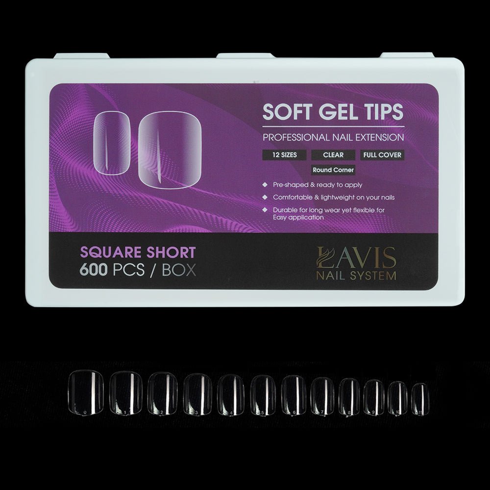 LAVIS Square Short - 12 Sizes Clear Round Corner - Soft Gel Tips - DTK Nail Supply