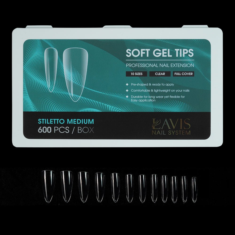 LAVIS Stiletto Medium - 10 Sizes Clear - Soft Gel Tips - DTK Nail Supply