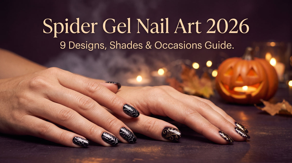 Two hands showing silver midnight web and gold filigree spider gel nail art designs in a soft mystical Halloween setting