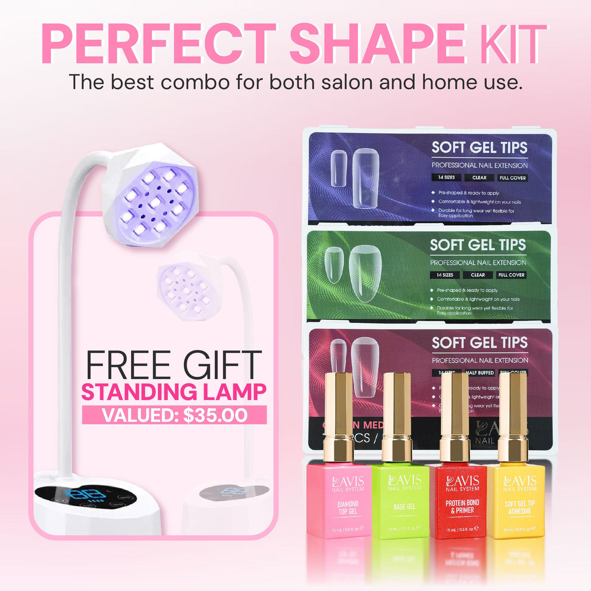 LAVIS Perfect Shape Kit Soft Gel Tips Coffin, Square, Almond Medium + Set 4 Base Top Gels + FREE LAVIS Mini UV LED Standing Nail Lamp 27W