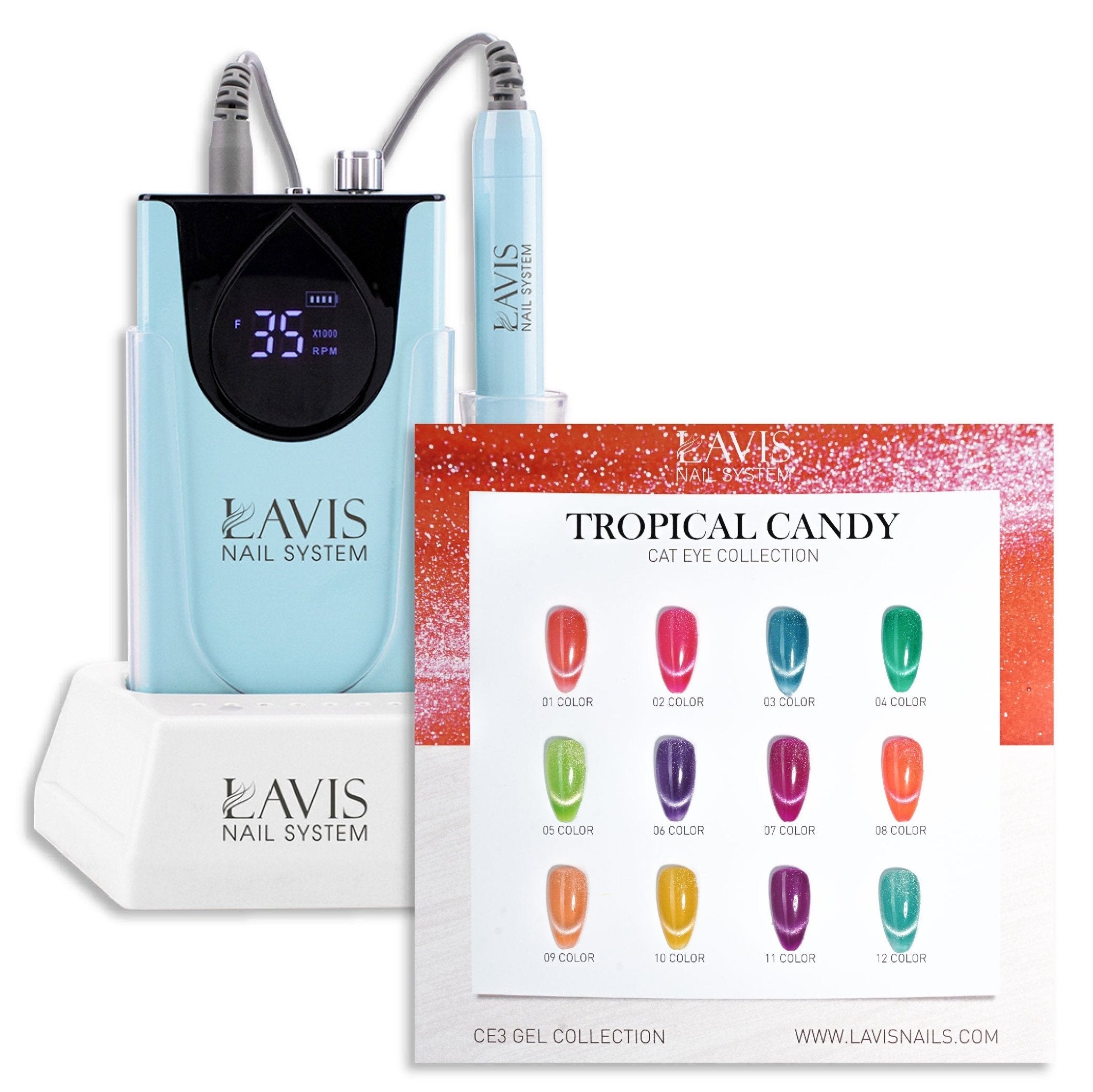 1 Lavis Nail Drill Blue & 1 Set Tropical Candy Cat Eye Collection (12 colors) - DTK Nail Supply