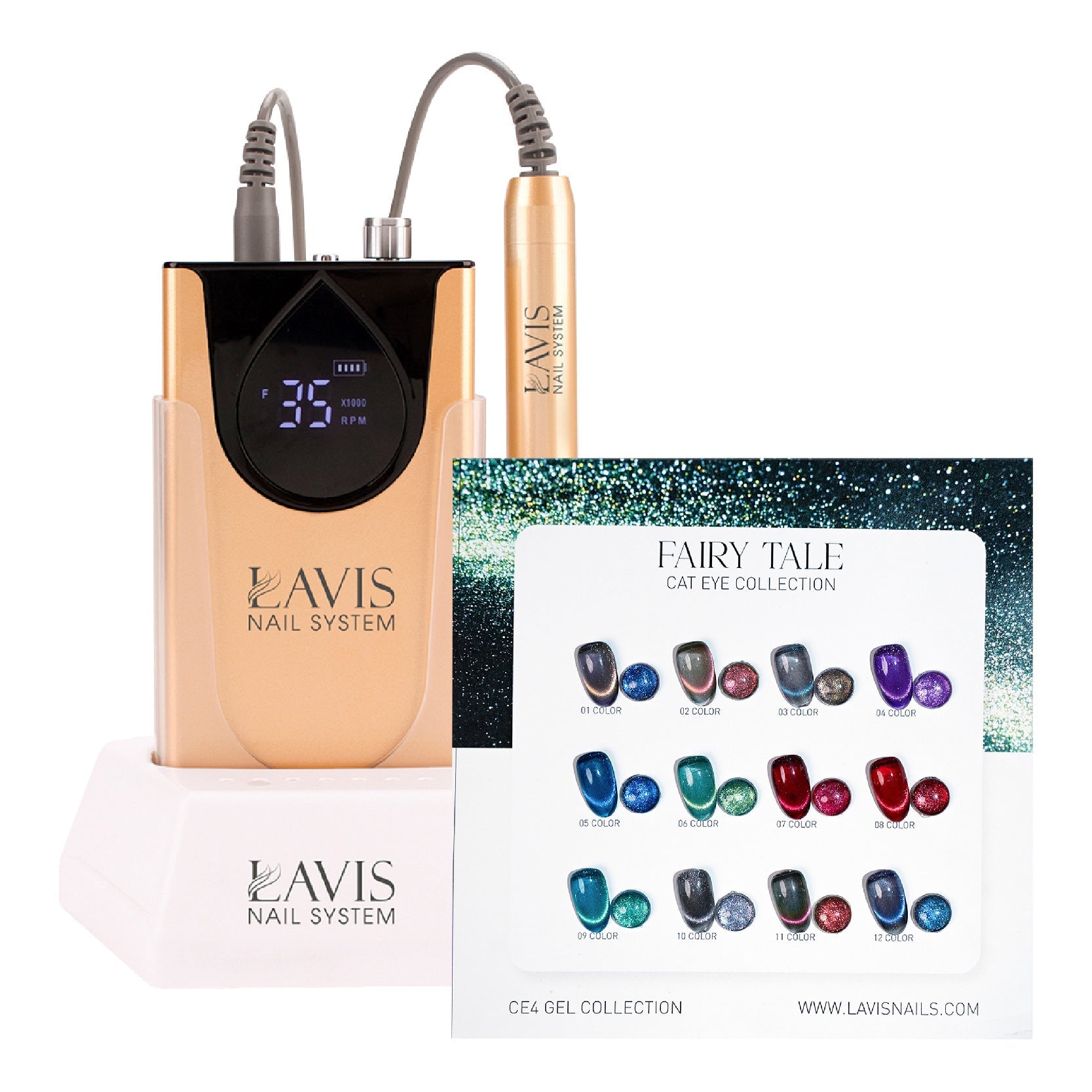 1 Lavis Nail Drill Gold & 1 Set Fairy Tale Cat Eye Collection (12 colors) - DTK Nail Supply