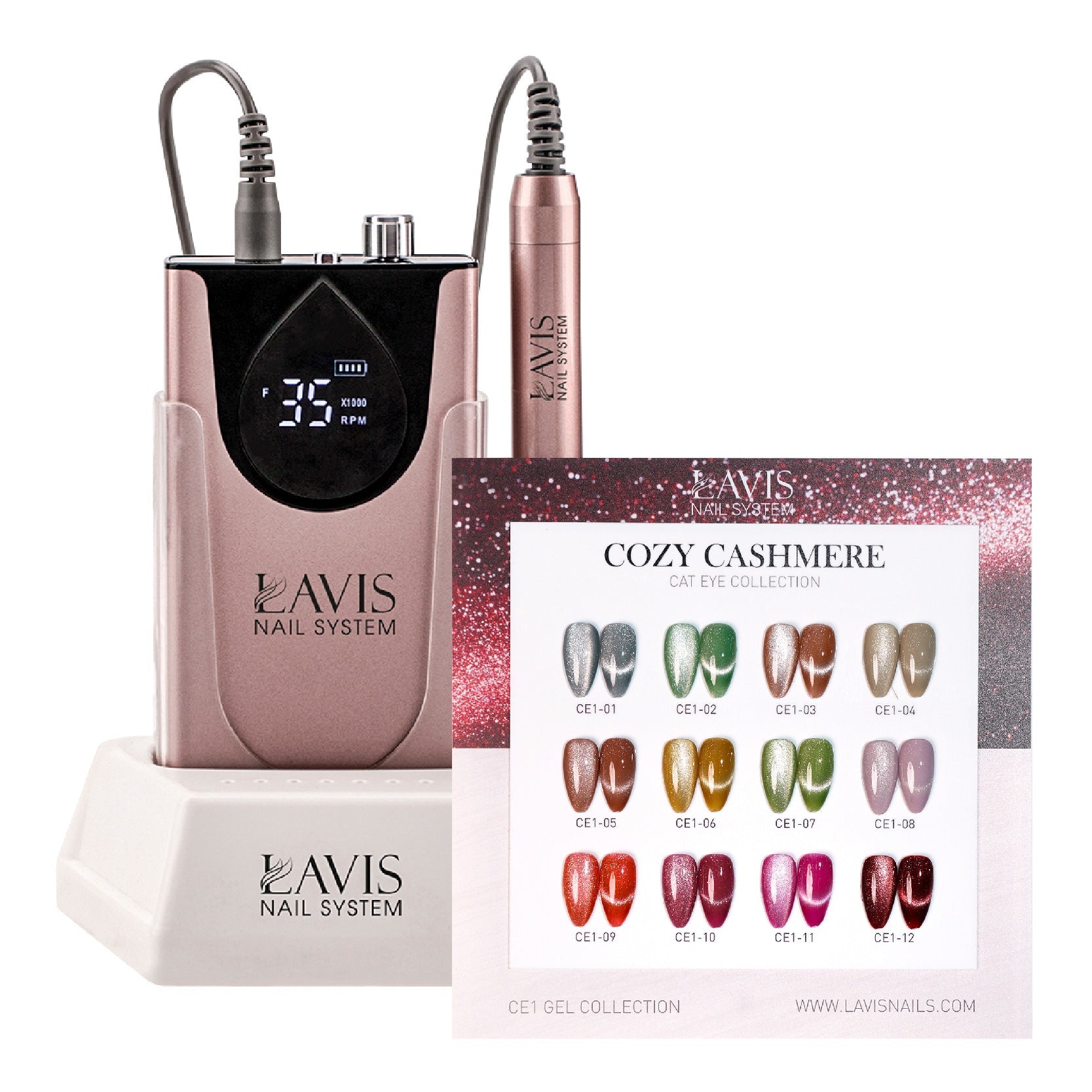 1 Lavis Nail Drill Rose Gold & 1 Set Cozy Cashmere Cat Eye Collection (12 colors) - DTK Nail Supply