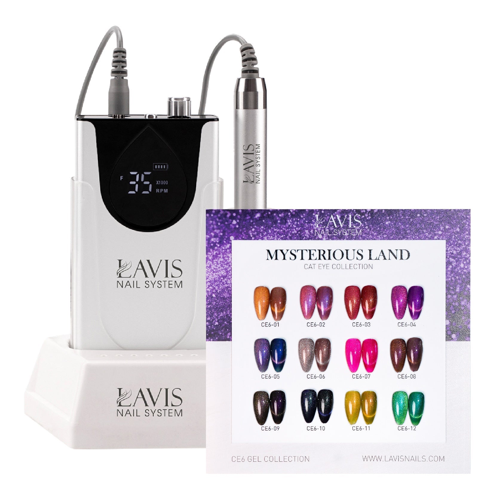 1 Lavis Nail Drill Silver & 1 Set Mysterious Land Cat Eye Collection (12 colors) - DTK Nail Supply