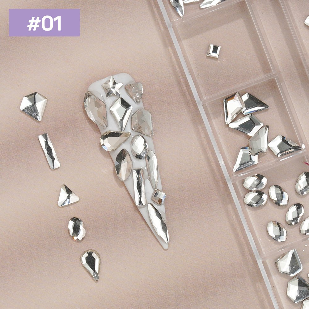 12 Grids Flat Diamonds Rhinestones 01 White - DTK Nail Supply