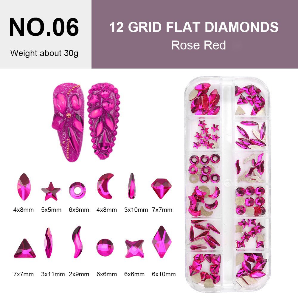 12 Grids Flat Diamonds Rhinestones 06 Rose Red - DTK Nail Supply