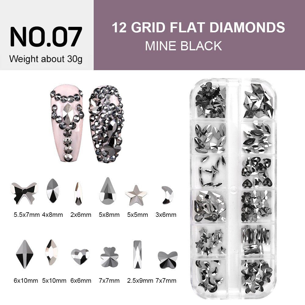 12 Grids Flat Diamonds Rhinestones 07 Mine Black - DTK Nail Supply