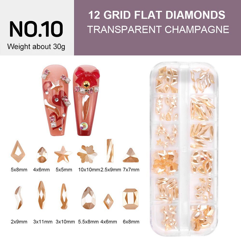 12 Grids Flat Diamonds Rhinestones 10 Transparent Champagne - DTK Nail Supply