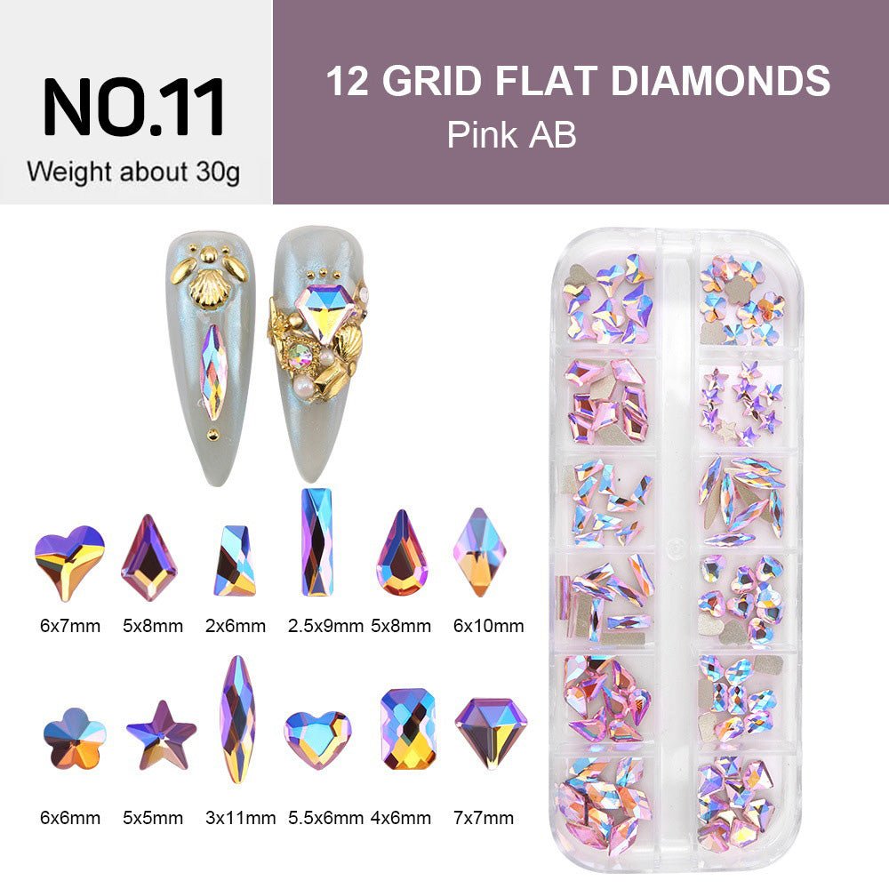 12 Grids Flat Diamonds Rhinestones 11 Pink AB - DTK Nail Supply