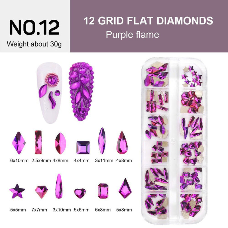 12 Grids Flat Diamonds Rhinestones 12 Purple Flame - DTK Nail Supply