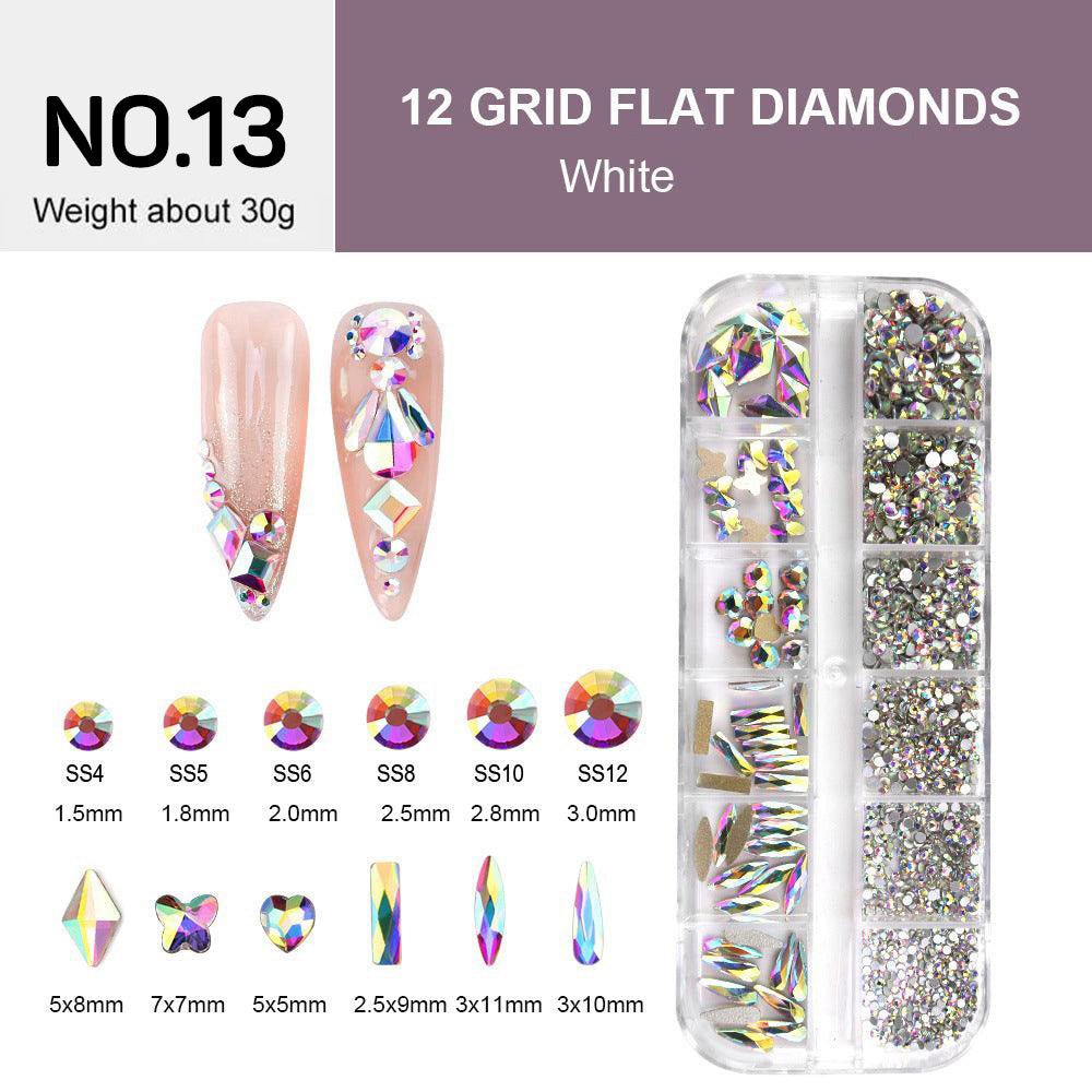 12 Grids Flat Diamonds Rhinestones 13 White AB - DTK Nail Supply