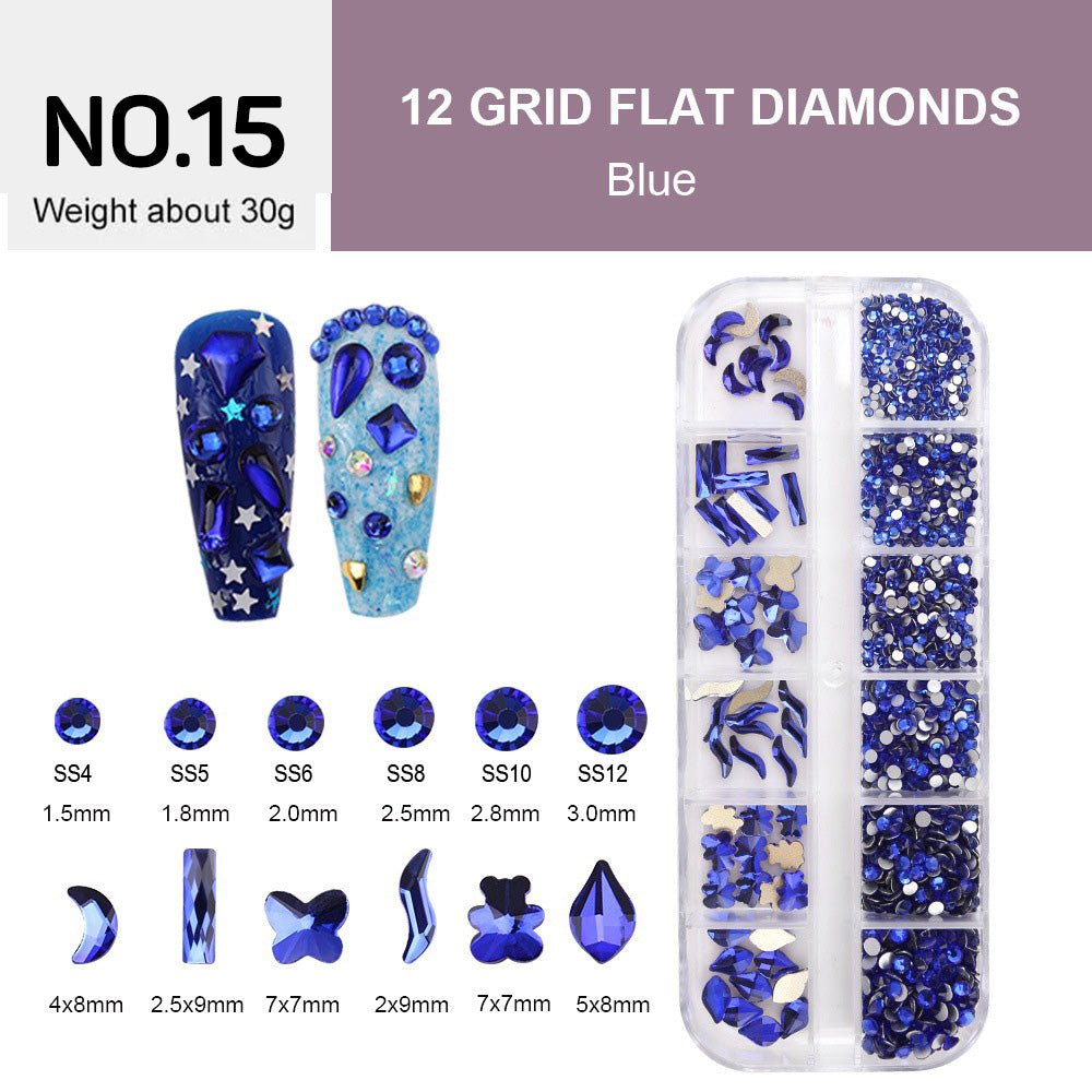 12 Grids Flat Diamonds Rhinestones 15 Blue - DTK Nail Supply