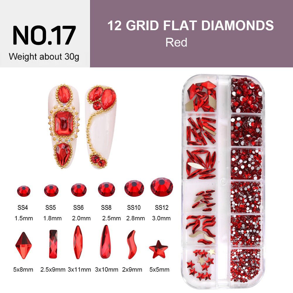 12 Grids Flat Diamonds Rhinestones 17 Red - DTK Nail Supply