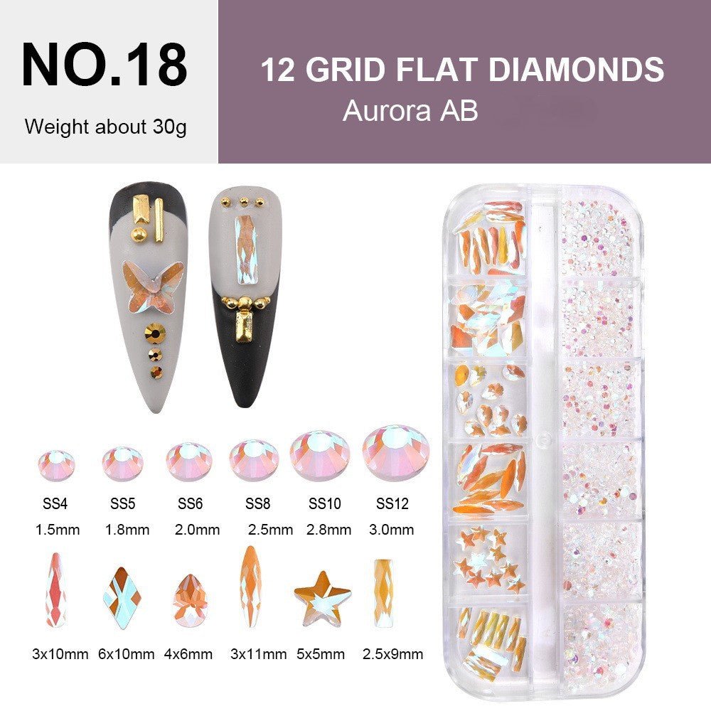 12 Grids Flat Diamonds Rhinestones 18 AB - DTK Nail Supply