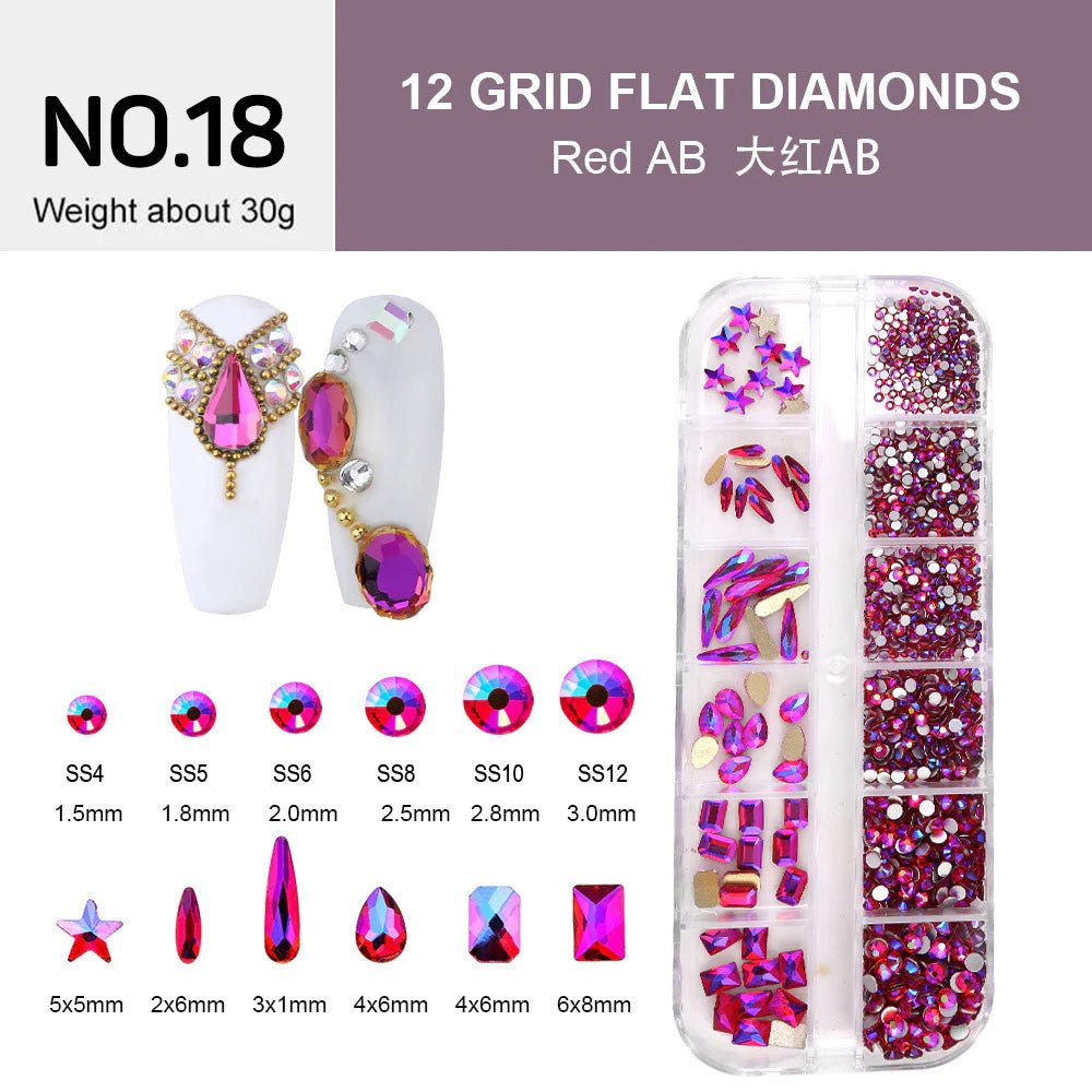12 Grids Flat Diamonds Rhinestones 18 Red AB - DTK Nail Supply