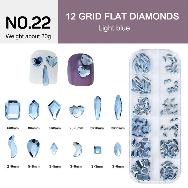 12 Grids Flat Diamonds Rhinestones 22 Light Blue - DTK Nail Supply