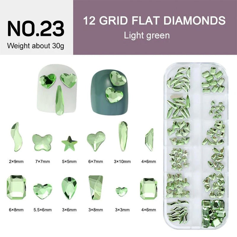 12 Grids Flat Diamonds Rhinestones 23 Light Green - DTK Nail Supply