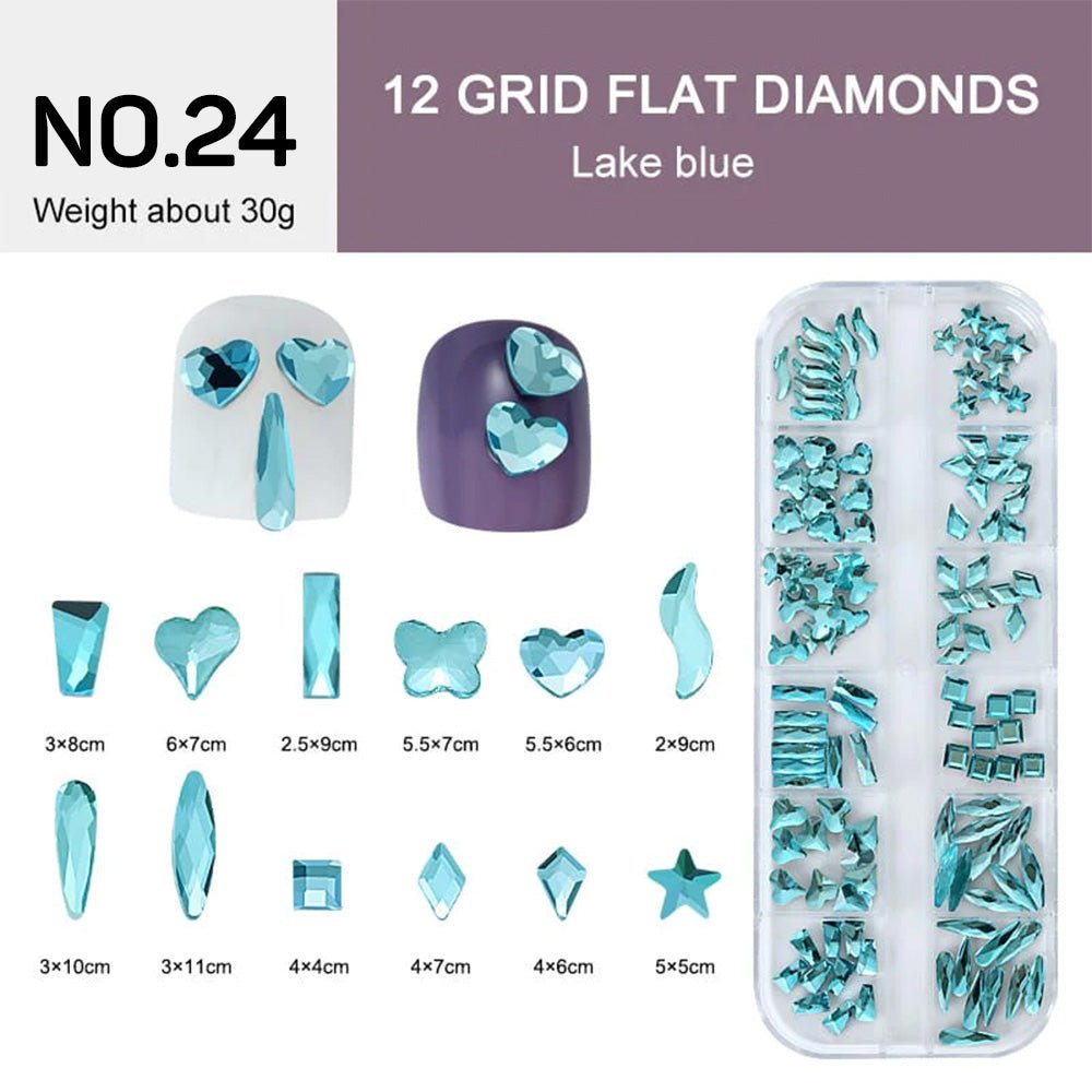 12 Grids Flat Diamonds Rhinestones 24 Lake Blue - DTK Nail Supply