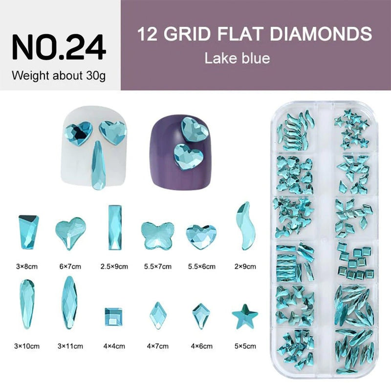 12 Grids Flat Diamonds Rhinestones 24 Lake Blue - DTK Nail Supply