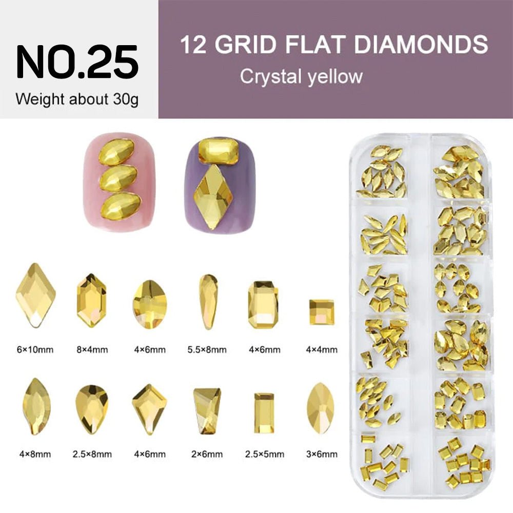 12 Grids Flat Diamonds Rhinestones 25 Crystal Yellow - DTK Nail Supply