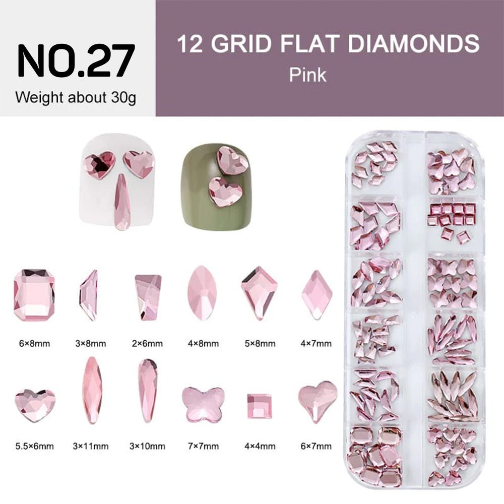 12 Grids Flat Diamonds Rhinestones 27 Pink - DTK Nail Supply
