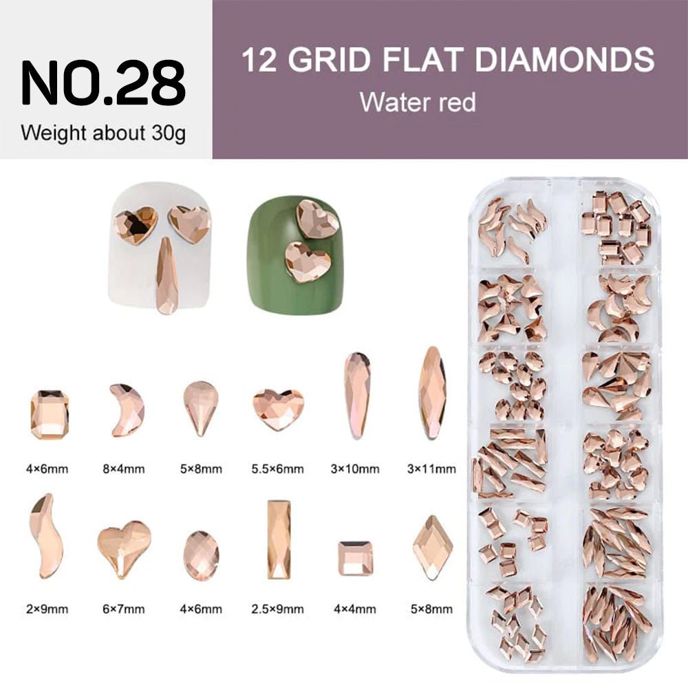 12 Grids Flat Diamonds Rhinestones 28 Rose - DTK Nail Supply