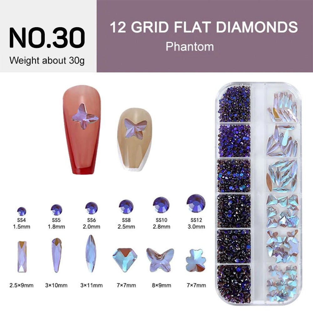 12 Grids Flat Diamonds Rhinestones 30 Phantom - DTK Nail Supply